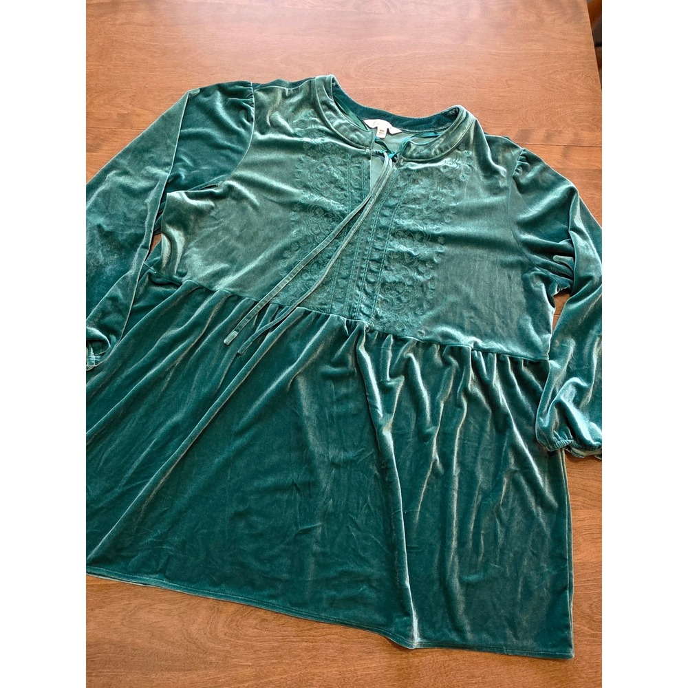 The Pioneer Woman Teal Green Velvet Embroidered Tunic Tie Neck Top XXXL Plus
